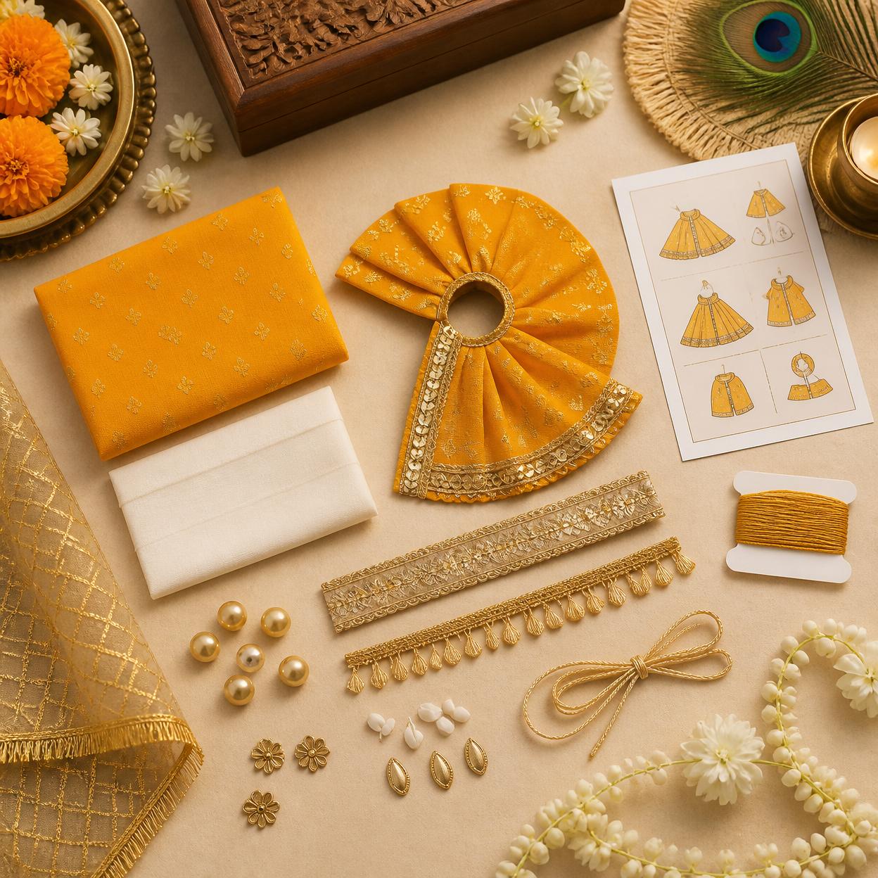 Srigaaram brand devotional premium product photo for a Krishna poshak DIY craft kit in India, Beginner DIY Poshak Kit, f